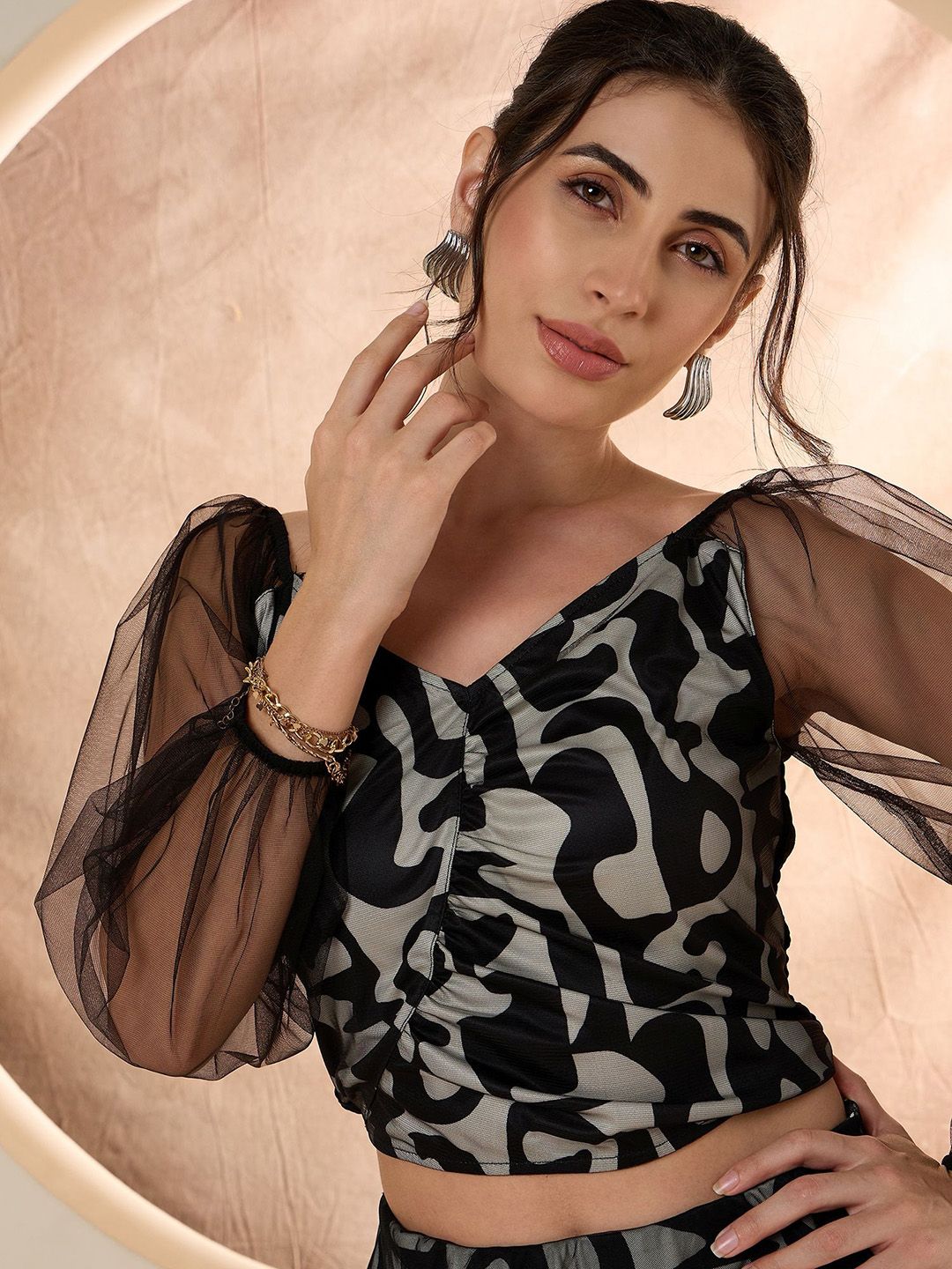 Antheaa Black & White Printed Top With Frilled Skirt