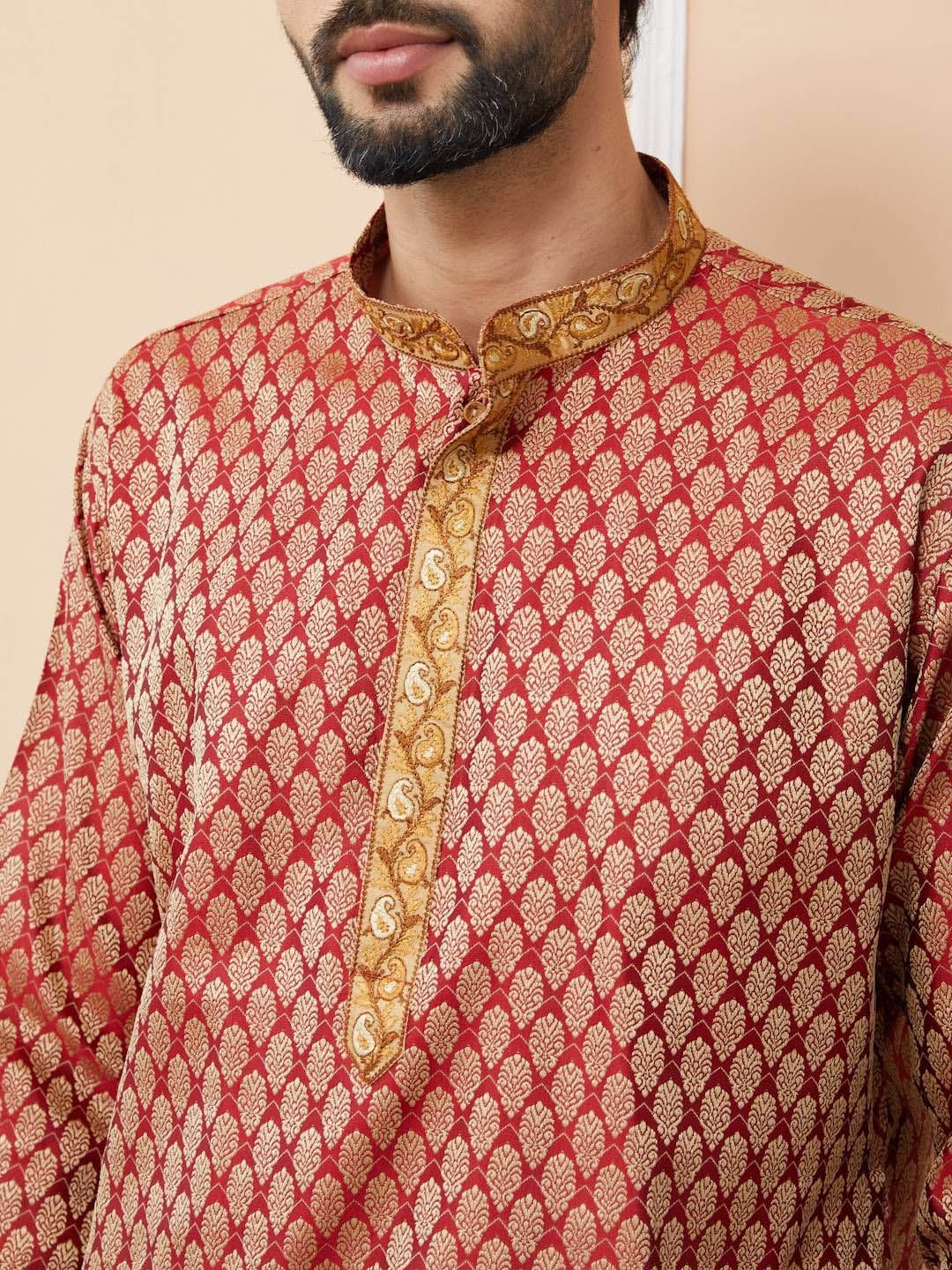 See Designs Ethnic Motifs Printed Mandarin Collar Jacquard Silk Straight Kurta
