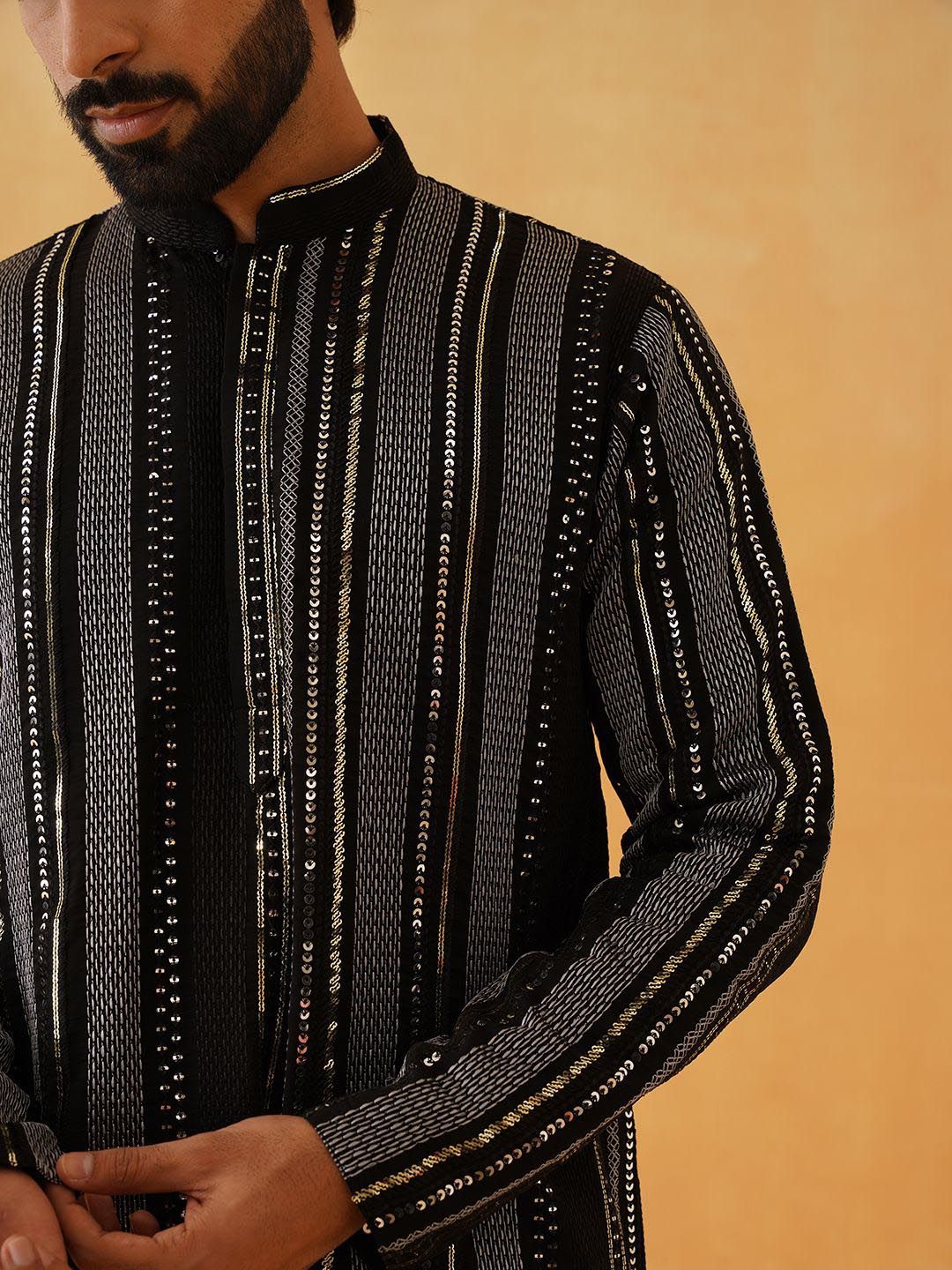 SOJANYA LUXE Striped Embroidered Sequinned Georgette Straight Kurta With Trousers