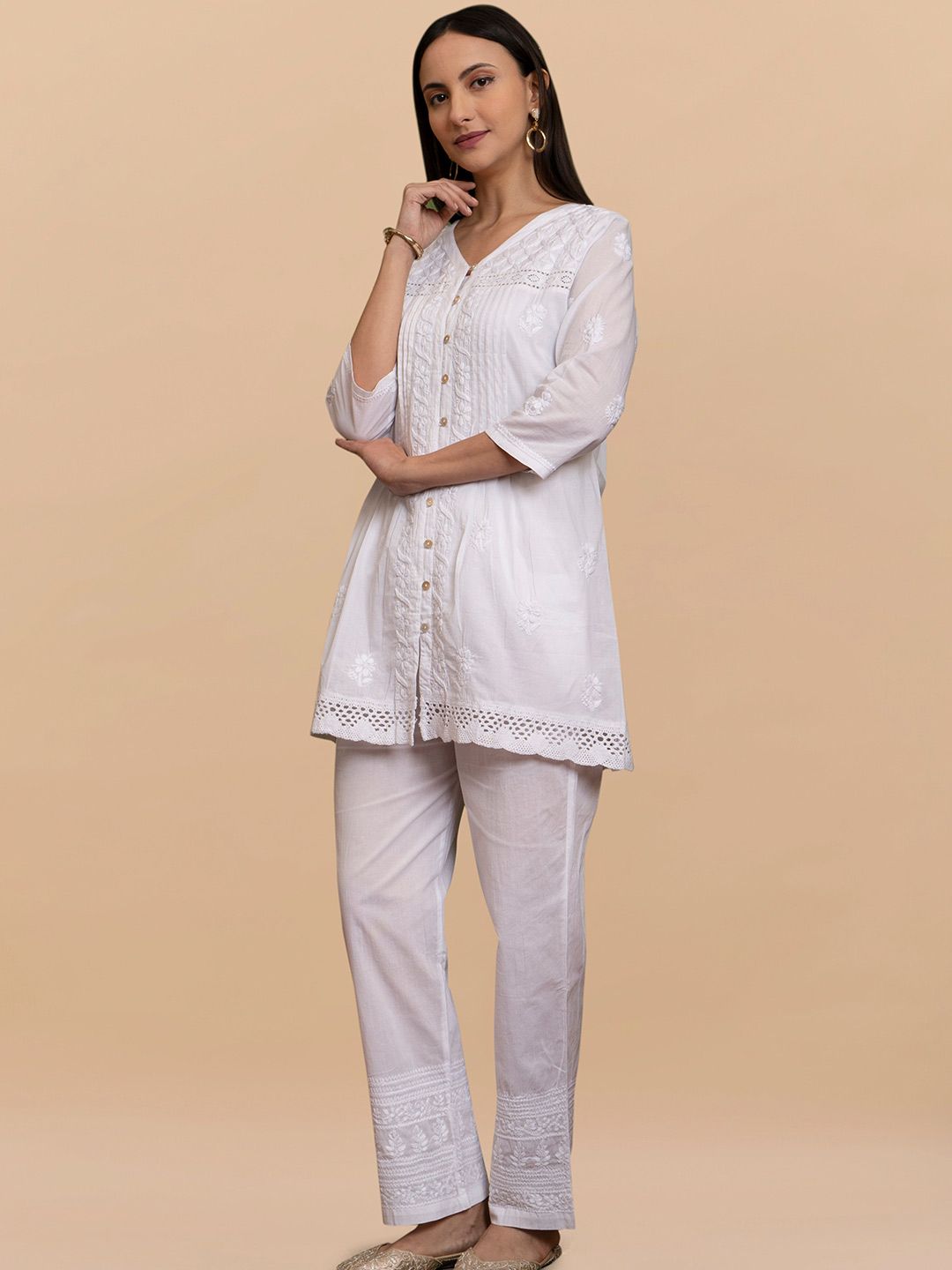 HOUSE OF KARI Floral Embroidered Cotton Chikankari Short Kurta