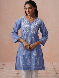 Rumah Wanita Chikankari Motif Etnik Sulam Chikankari Indigo Kurta