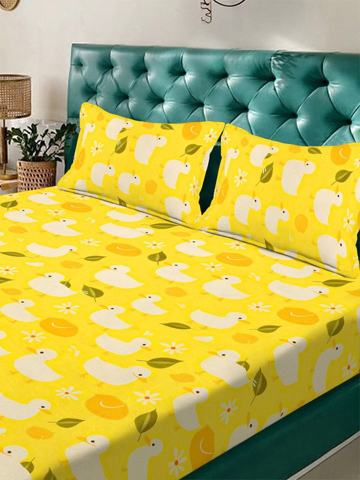 KLOTTHE Yellow Cartoon Characters Flat 300 TC King Double Bedsheet With 2 Pillow Cover