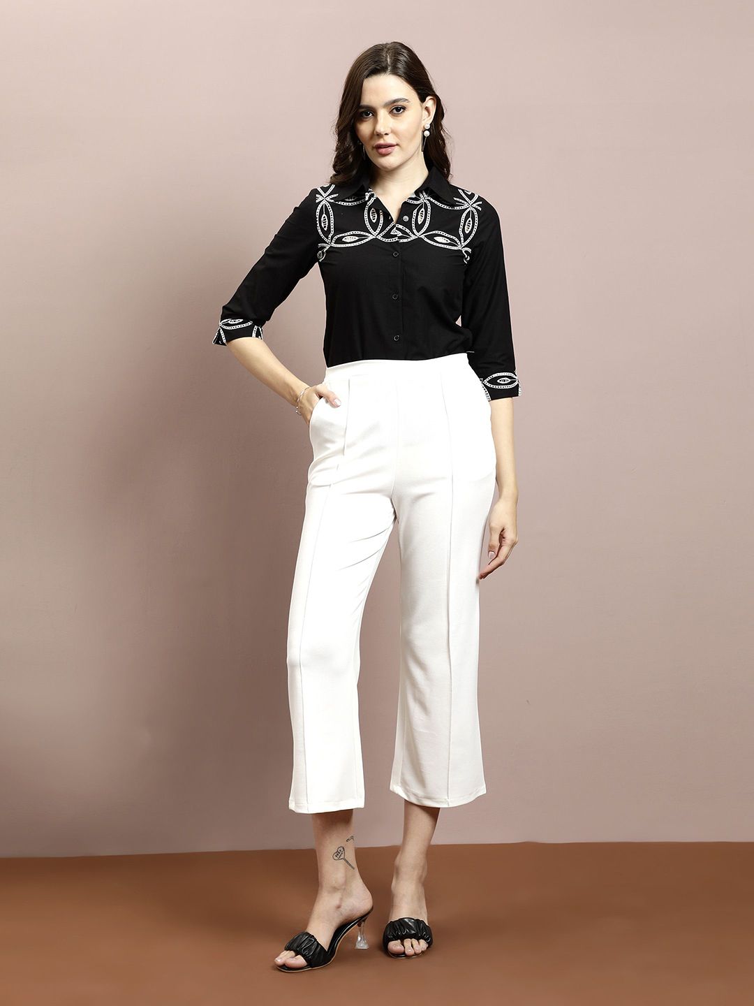 Athena Women Embellished Shirt Collar Cotton Top