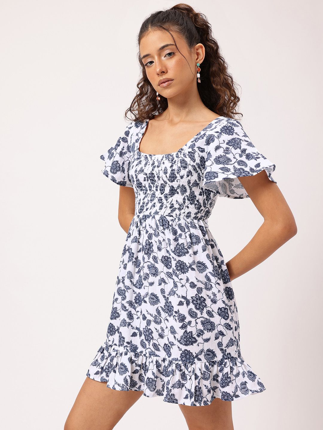 DressBerry Fun & Fabulous Floral Printed Back Cut-Out Smocked Flutter Sleeve Mini Dress
