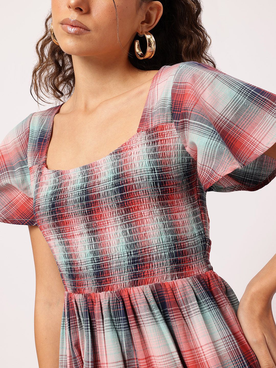 DressBerry Flirty Finesse Checked Cut-Out Smocked Flutter Sleeve Mini Dress
