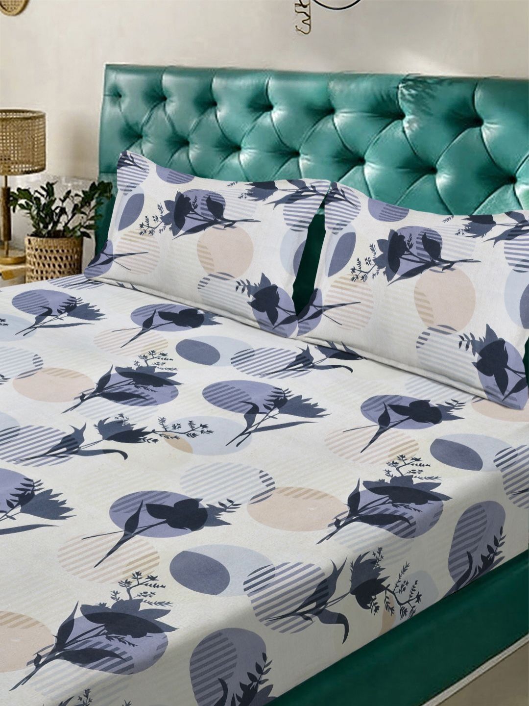 Aura White & Grey 300 TC Floral Fitted Double King Bedsheet Set 2.50 m x 2.25 m