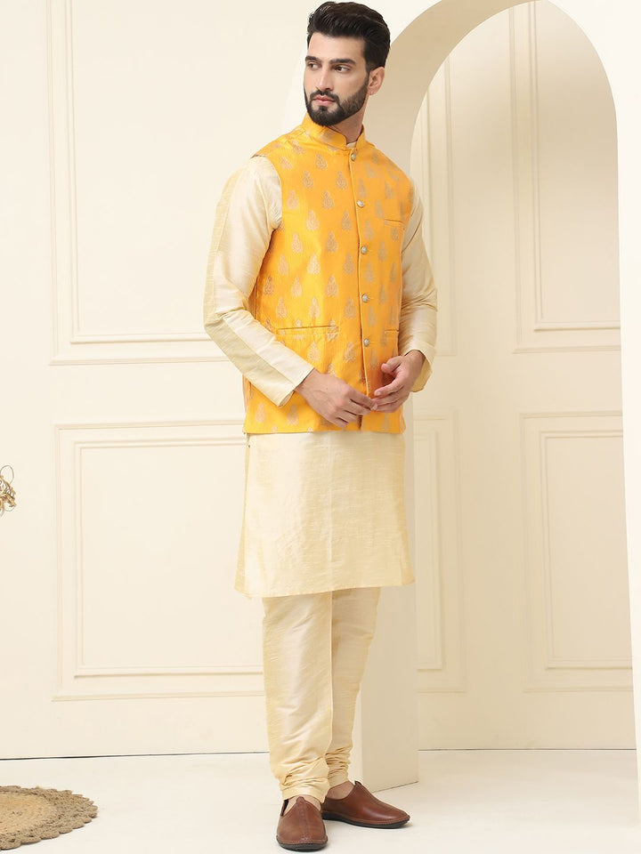 SOJANYA Mandarin Collar Zari Silk Cotton Straight Kurta with Pyjamas & Nehru jacket