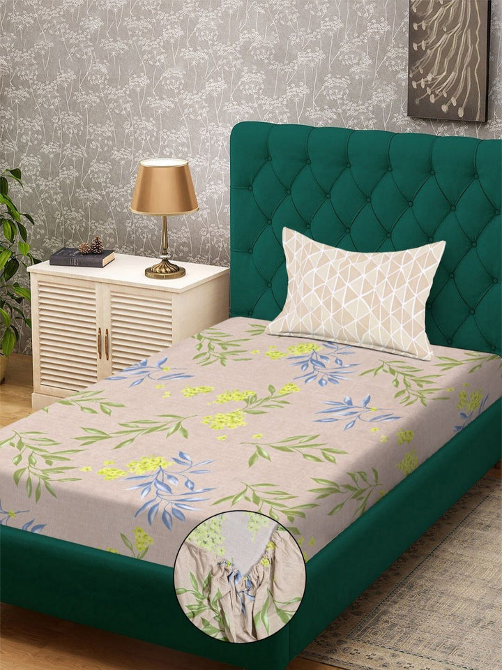 Set Cadar Bujang Bercetak Aura Beige & Yellow Floral Printed 300 TC-2.25 m X 1.50 m