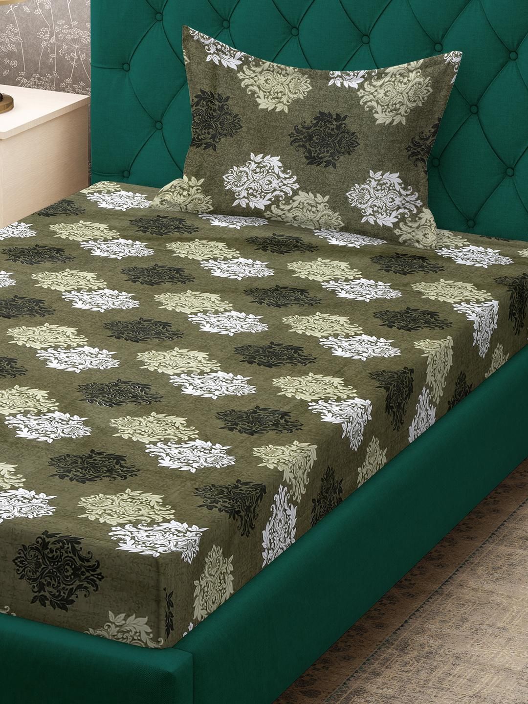 KLOTTHE Olive Floral Cotton Single Bedsheets