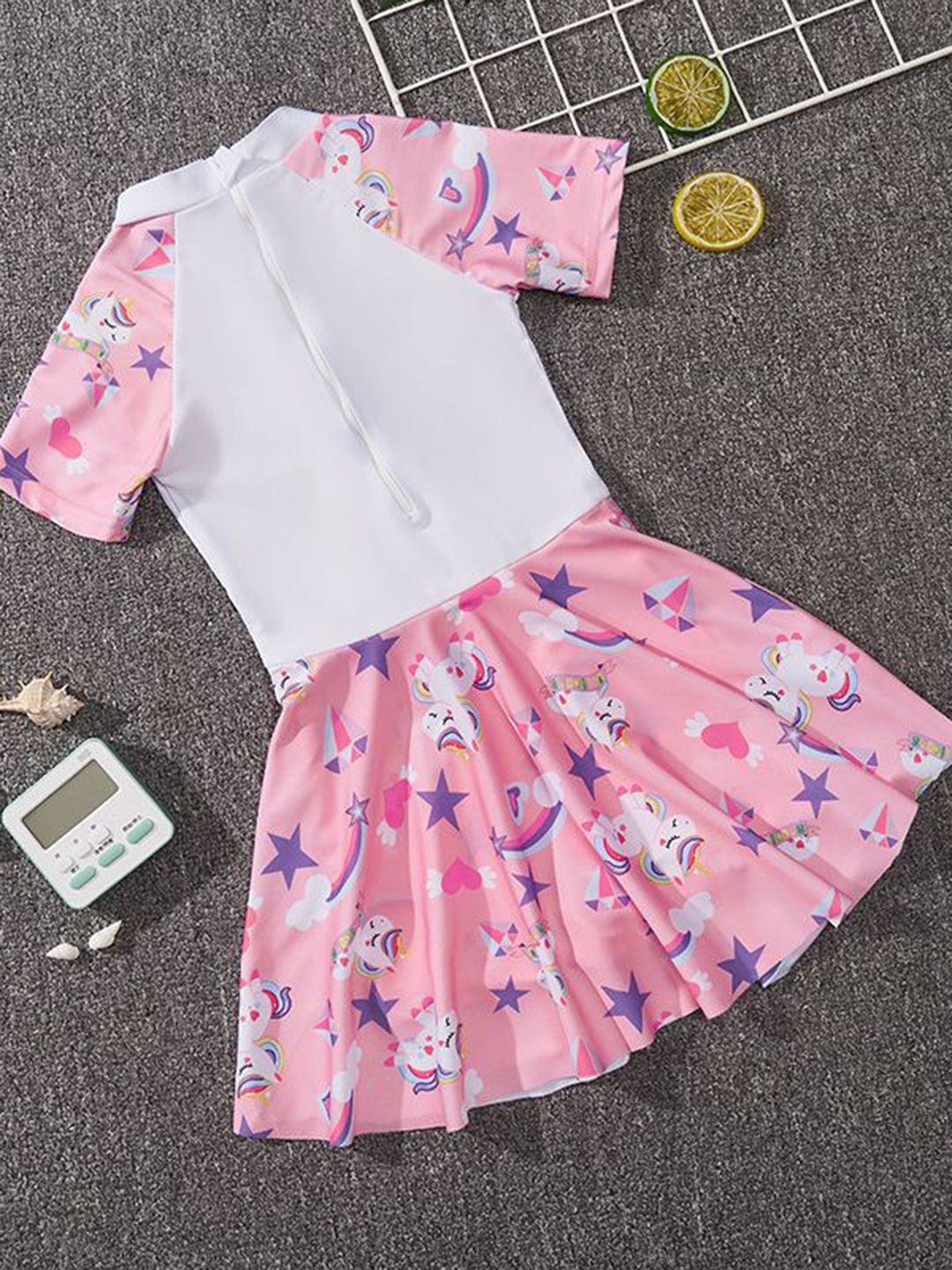 YK Girls Printed Round Neck Swim Dress With Swim Cap