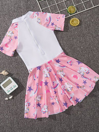 YK Girls Printed Round Neck Swim Dress With Swim Cap