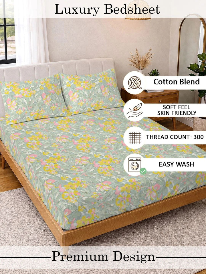 Myntra Elegant Homes Green & Pink Floral 300 TC King Bedsheet with 2 Pillow Covers