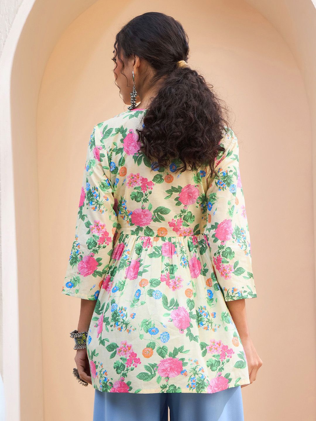 Shae by sassafras bunga bercetak v-neck patchwork murni kapas kurti