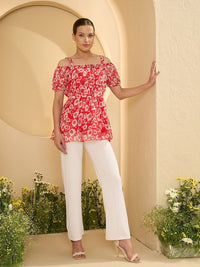 Antheaa  Women Floral Print Chiffon Bardot Top