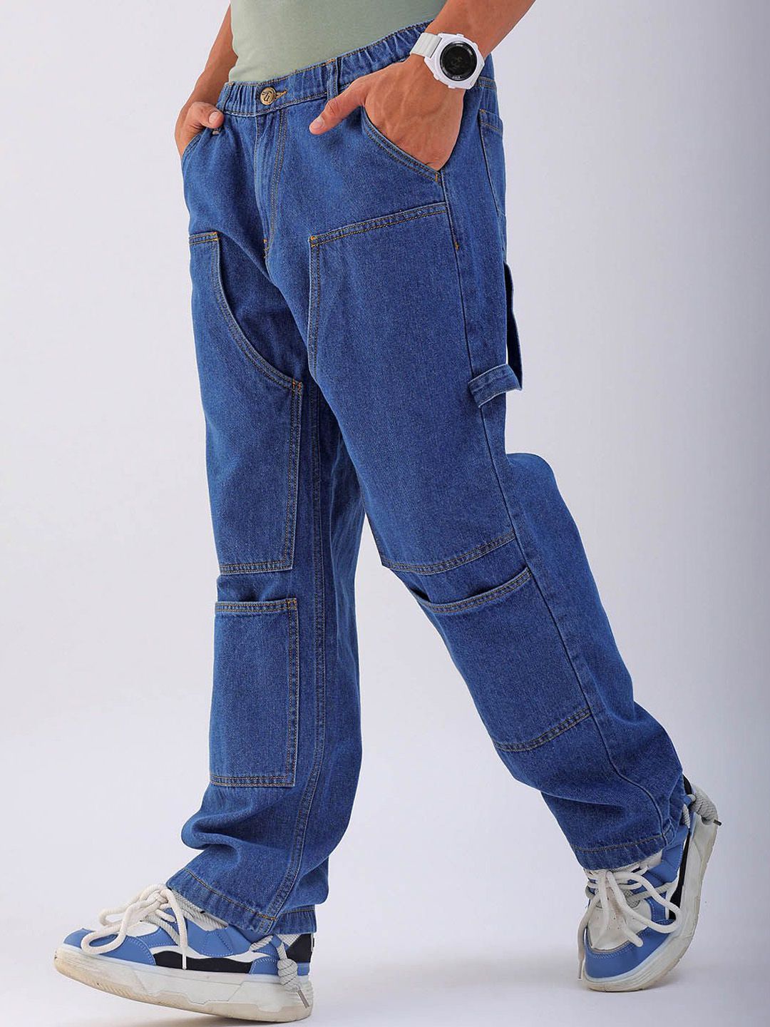The Indian Garage Co Men Mid-Rise Loose Baggy Fit Elasticated Wasit Cargo Jeans