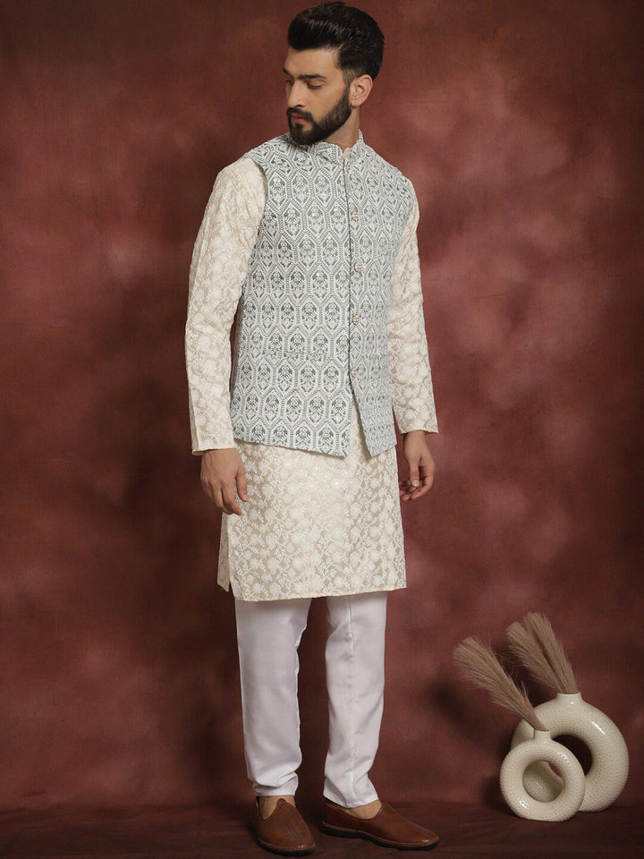 Anouk Floral Embroidered Regular Thread Work Kurta with Churidar & Nehru jacket