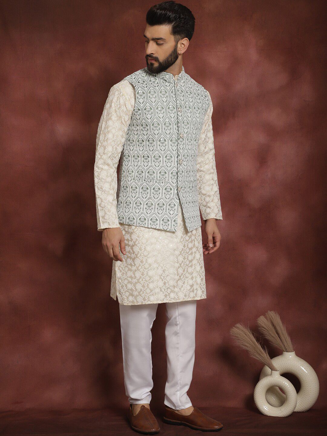 Anouk Floral Embroidered Regular Thread Work Kurta with Churidar & Nehru jacket