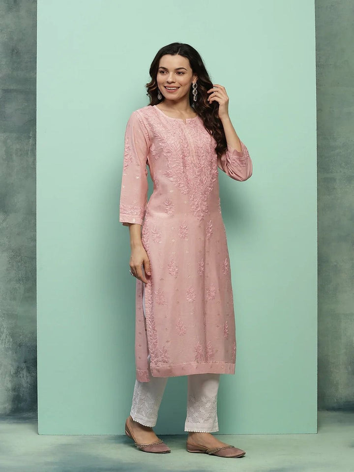 House of Chikankari Women Dust Pink Chanderi Chikankari Embroidered Kurta