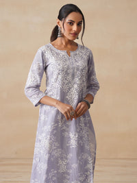 House of Chikankari Women Grey Mulmul Chikankari Embroidered Kurta