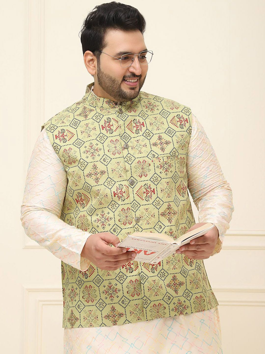 SOJANYA PLUS Lelaki Printed Mandarin Collar Cotton Linen Jaket Nehru