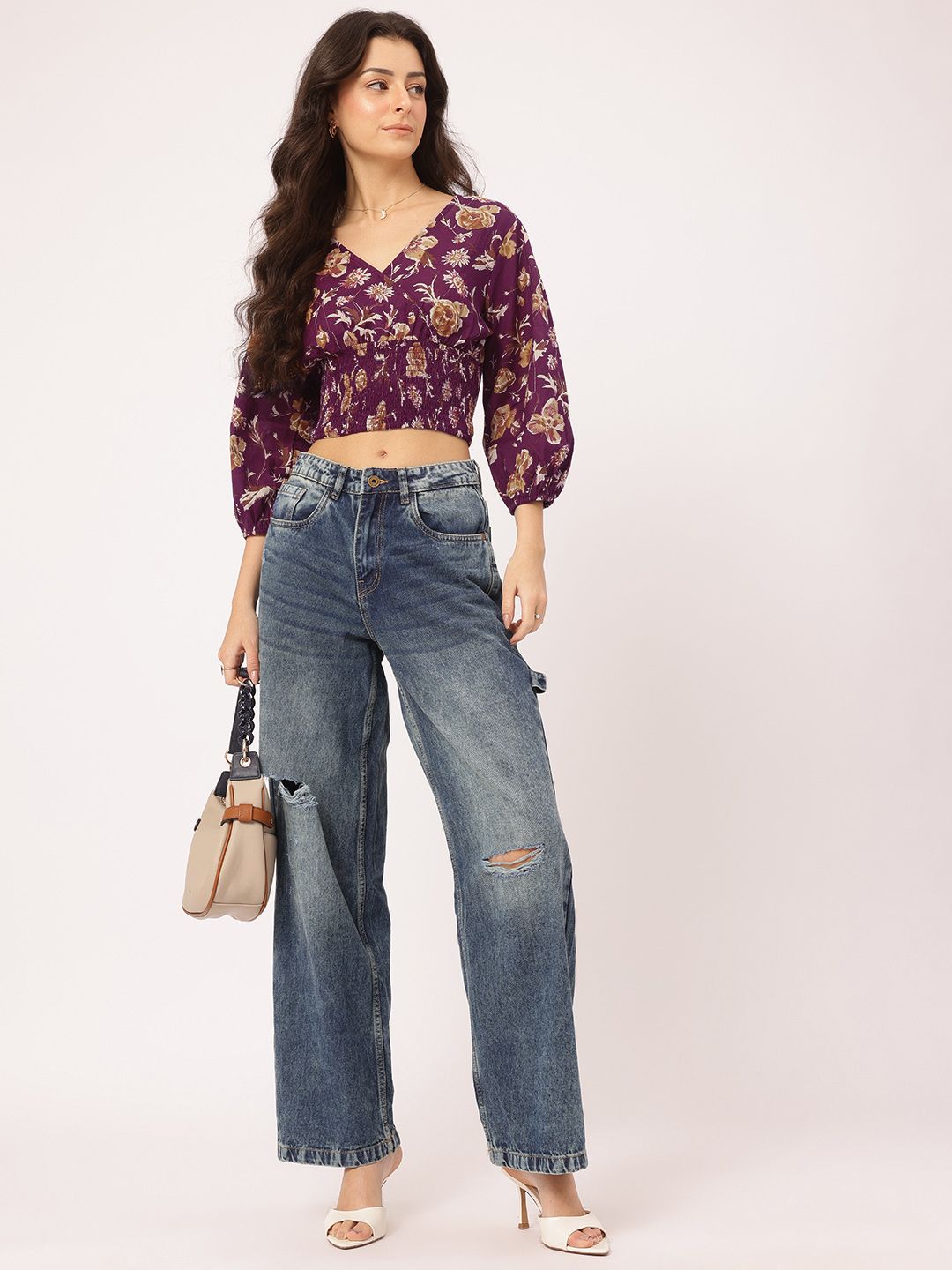 DressBerry Delicate Florals Wrap-Style Blouson Crop Top