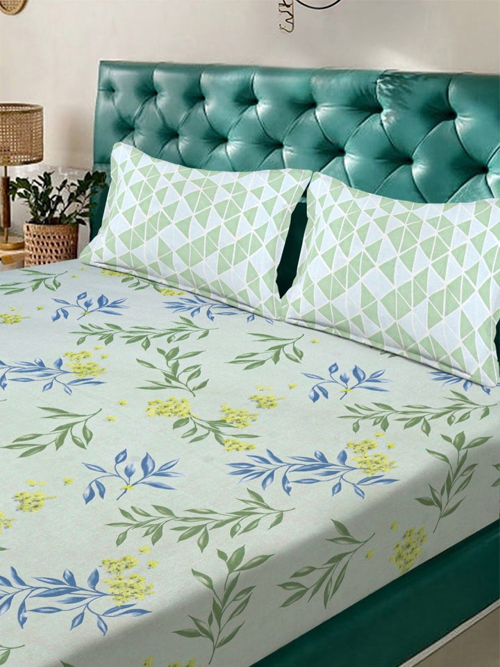 Aura Green & Blue Floral Printed 300 TC Double King Bedsheet Set-2.50 m X 2.25 m