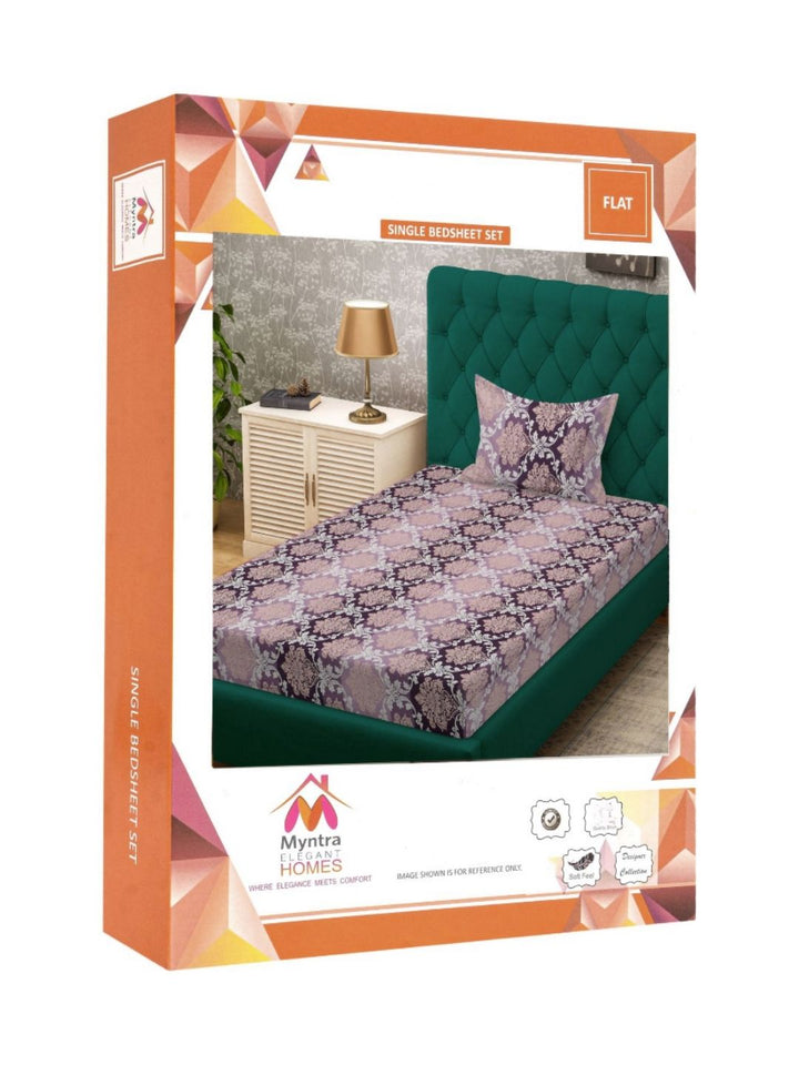 Myntra Elegant Homes Purple Ethnic Motifs Cotton Breathable 300 TC Single Fine Bedsheet with a Pillow Cover-89 x 59 inches