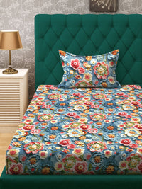 KLOTTHE Biru & Merah Bunga Bercetak 300 TC Cadar 7D Tunggal Dengan Sarung Bantal- 2.25mx1.5m