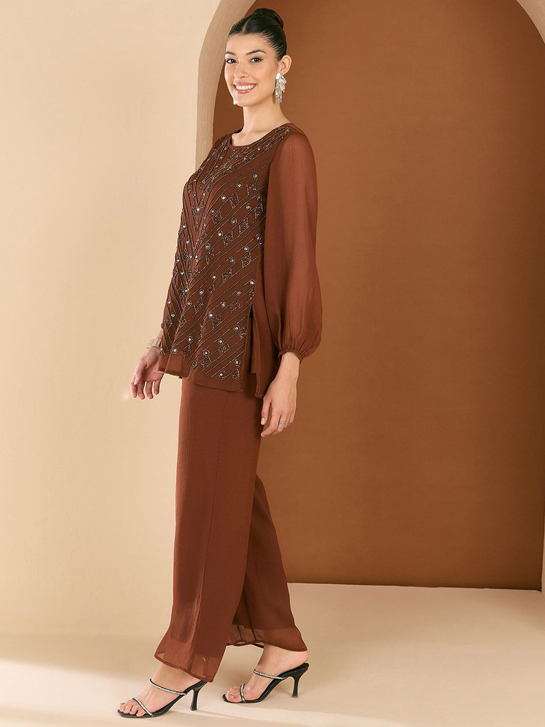 Antheaa Embellished Round Neck Top & Trousers Co-Ords