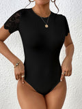 DressBerry Ribbed Lace Inserts Backless Bodysuit