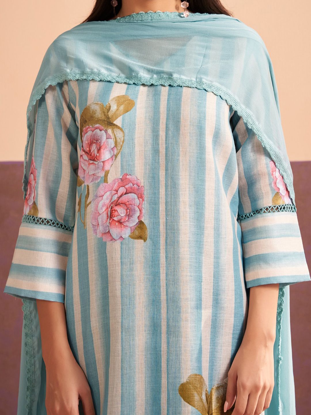Indo Era Floral Printed V-Neck Sequinned Linen Kurta With Trouser & Dupattta