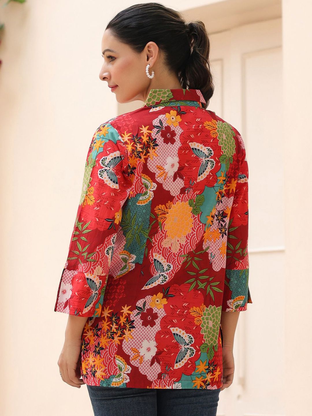 Rain & Rainbow Women Floral Printed Shirt Collar Cotton Top