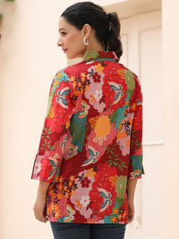 Rain & Rainbow Women Floral Printed Shirt Collar Cotton Top