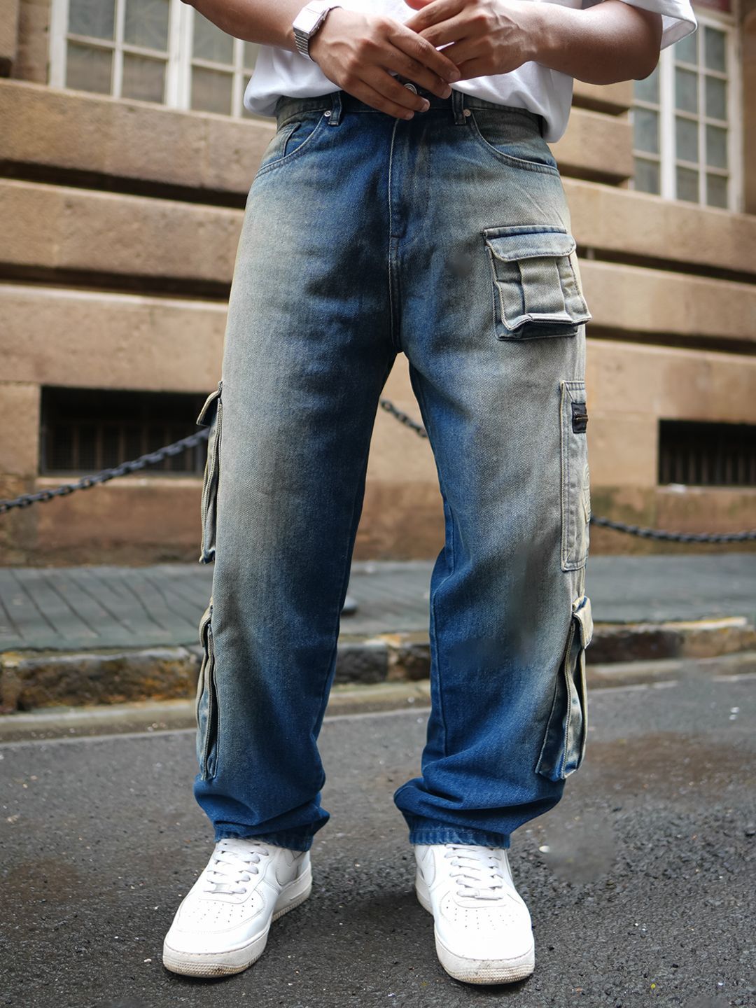 Powerlook Men Loose Baggy Fit Pure Cotton Denim Cargos