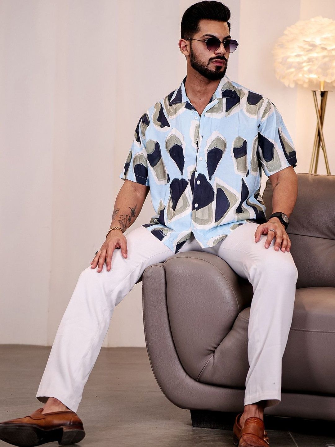 Eszett Men Abstract Printed Cuban Collar Casual Shirt