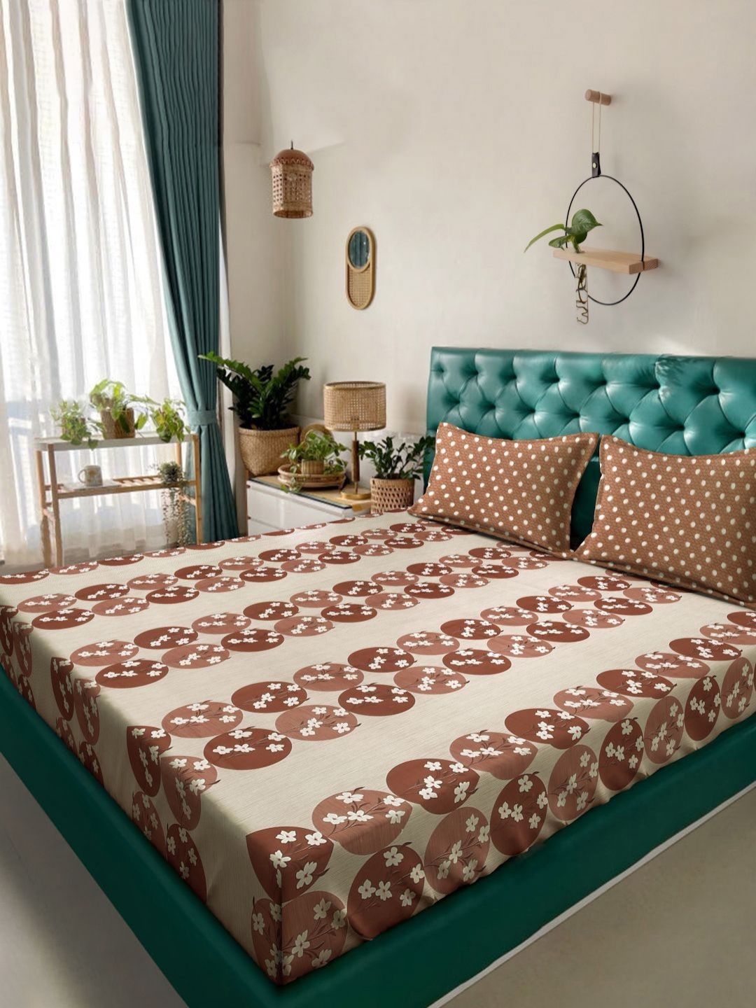 Myntra Elegant Homes Coklat & Putih Kapas Bunga 400 TC Set Cadar King 2.50 m x 2.25 m