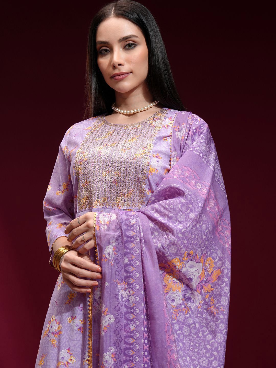 Vishudh Women Embroidered Yoke Printed Kurta with Solid Pant and Printed Dupatta