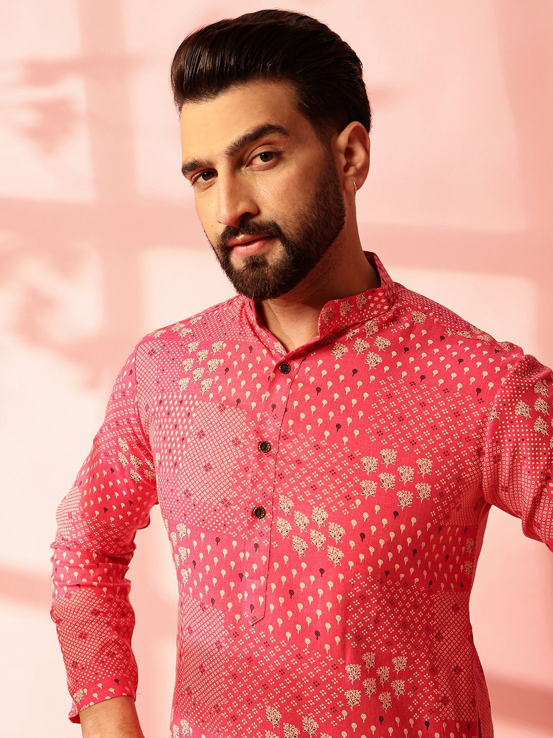 Anouk Floral Printed Band Collar Cotton Linen Straight Kurta