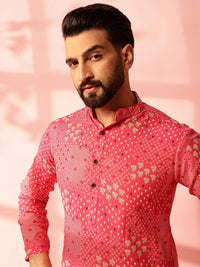 Anouk Floral Printed Band Collar Cotton Linen Straight Kurta