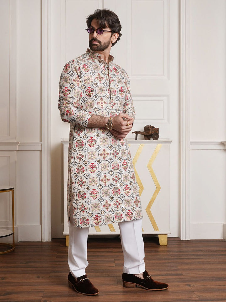 SOJANYA Ethnic Motifs Printed Band Collar Regular Kurta With Churidar