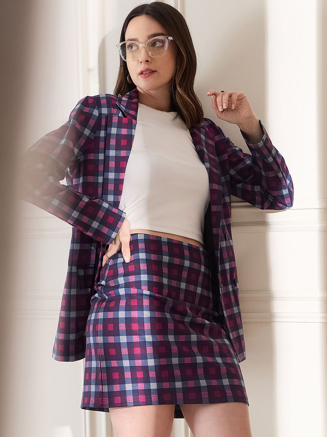 Berrylush Checked Long Sleeves Blazer With Skirt & Top