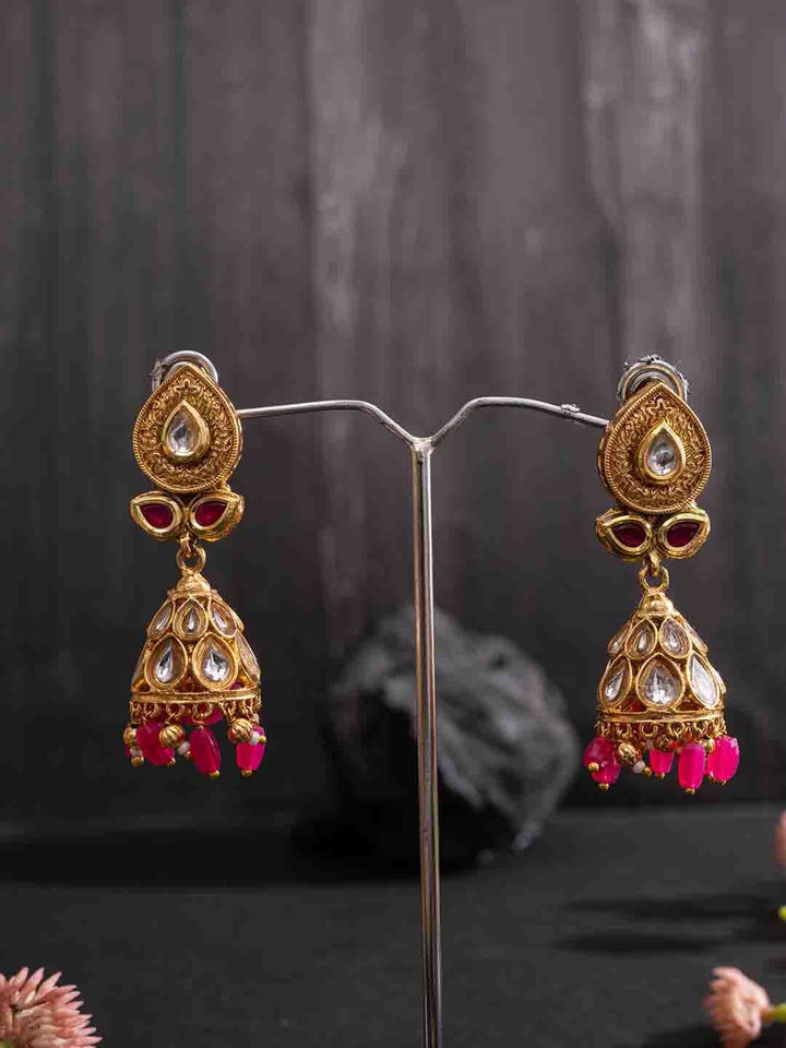 PANASH Gold-Plated Artificial Stones Studded And Beaded Contemporary Shaped Jhumkas