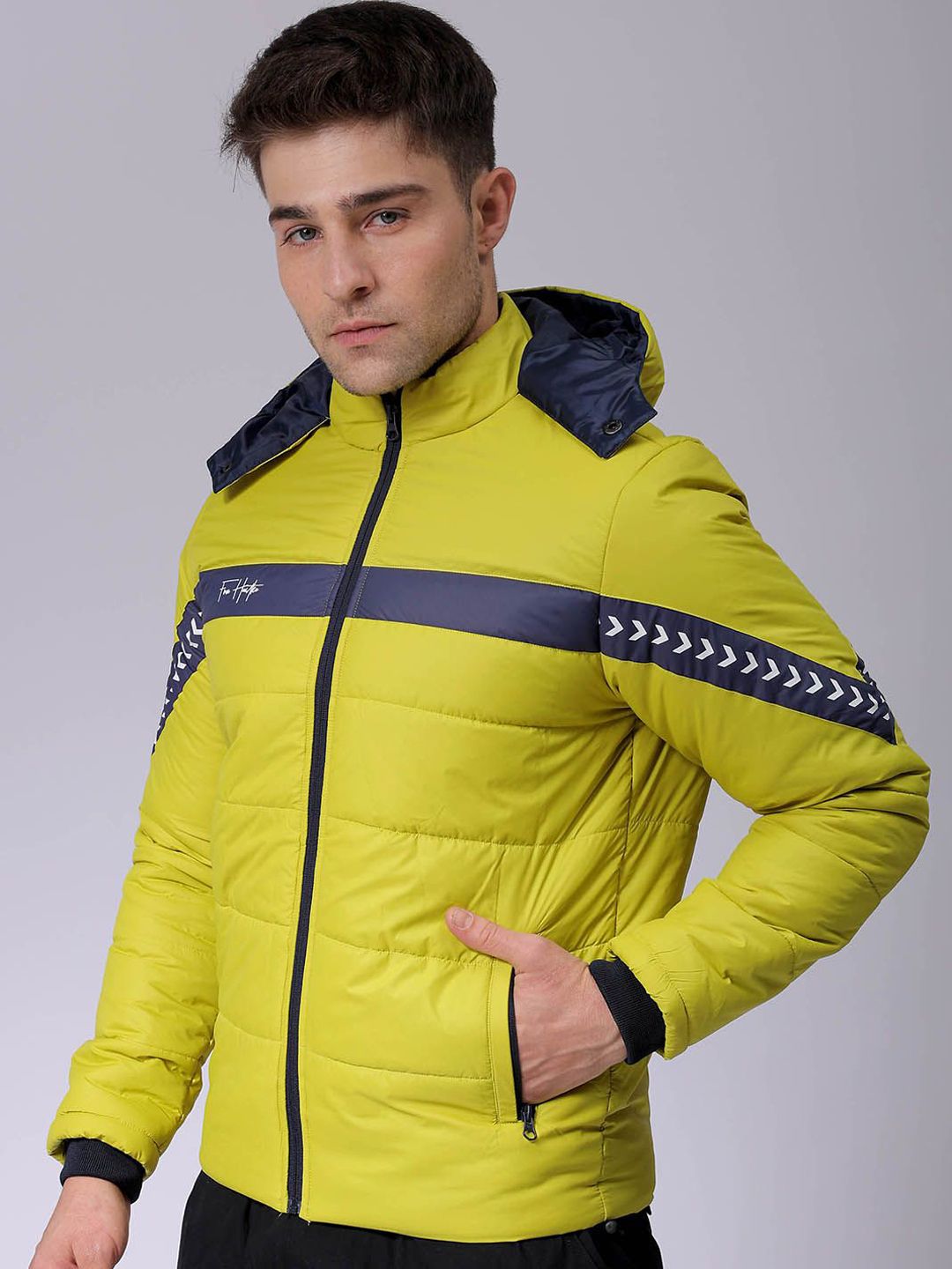 The Indian Garage Co Men Colourblocked Puffer Jacket with Patchwork