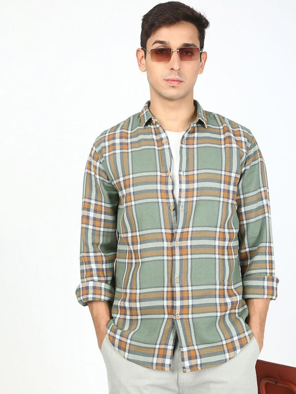 Bene Kleed Men Tartan Checked Spread Collar Cotton Casual Shirt