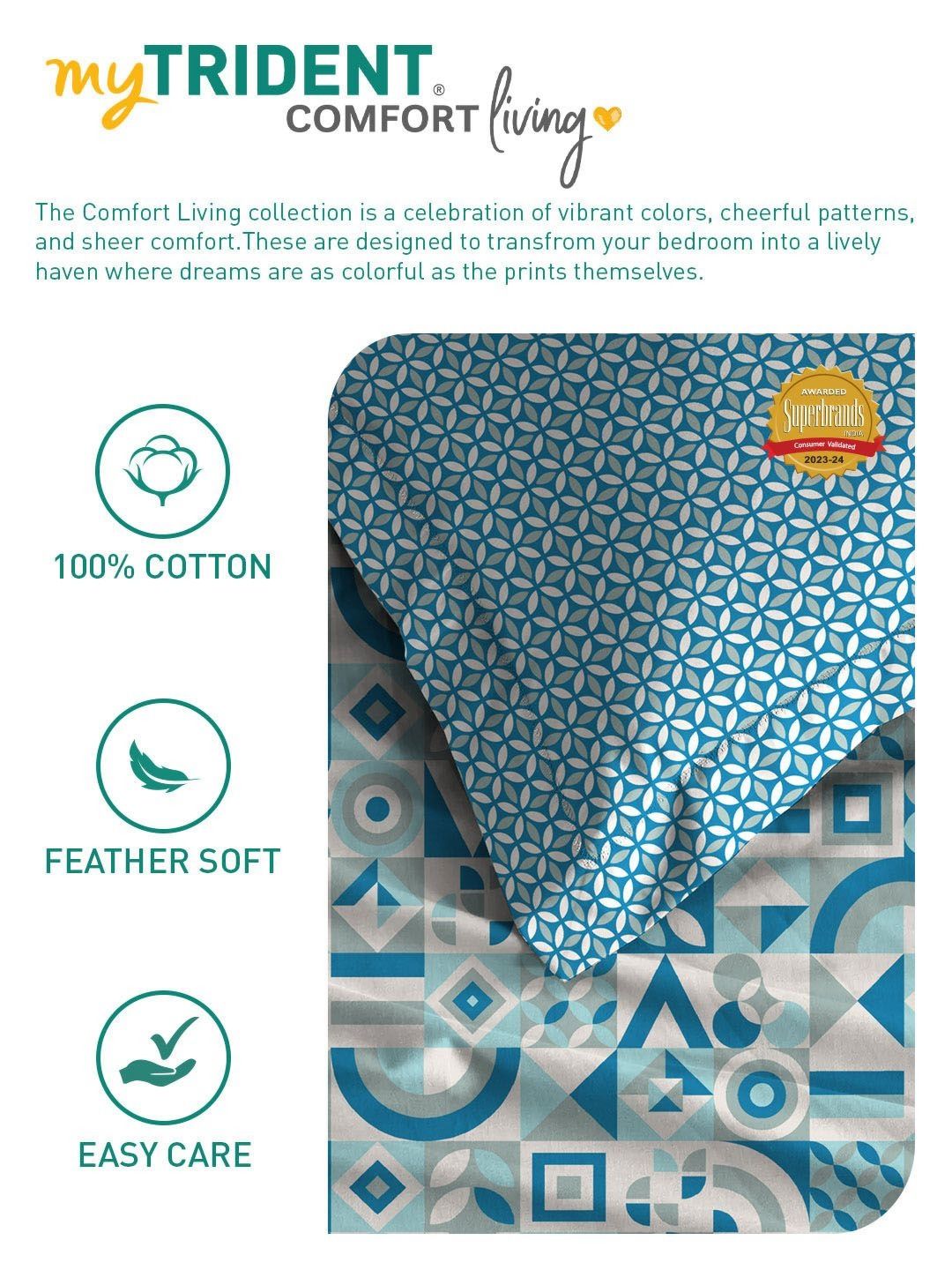 MYTRIDENT Magnolia Blue Comfort Living Flat 120TC Queen Cotton Bedsheet Set