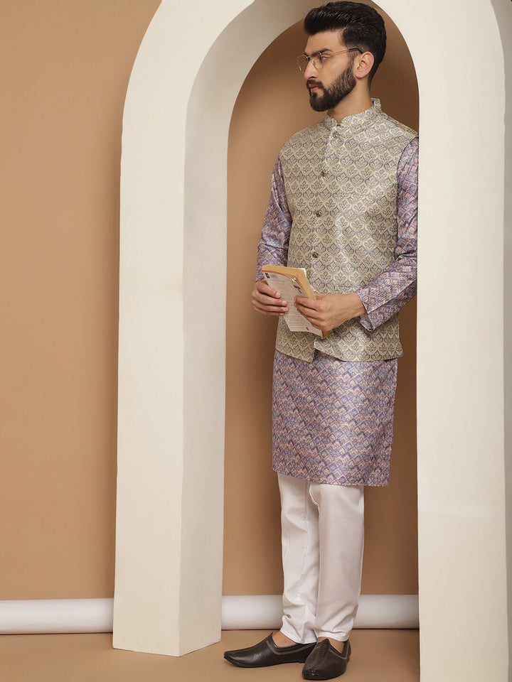 Anouk Ethnic Motifs Printed Straight Kurta with Churidar & Nehru Jacket