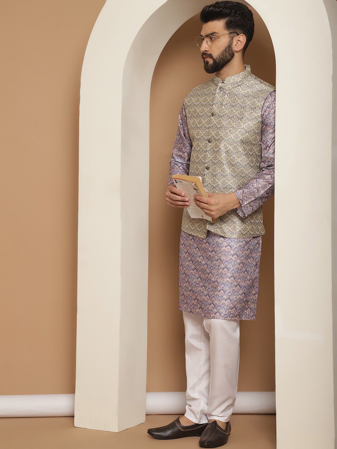 Anouk Ethnic Motifs Printed Straight Kurta with Churidar & Nehru Jacket