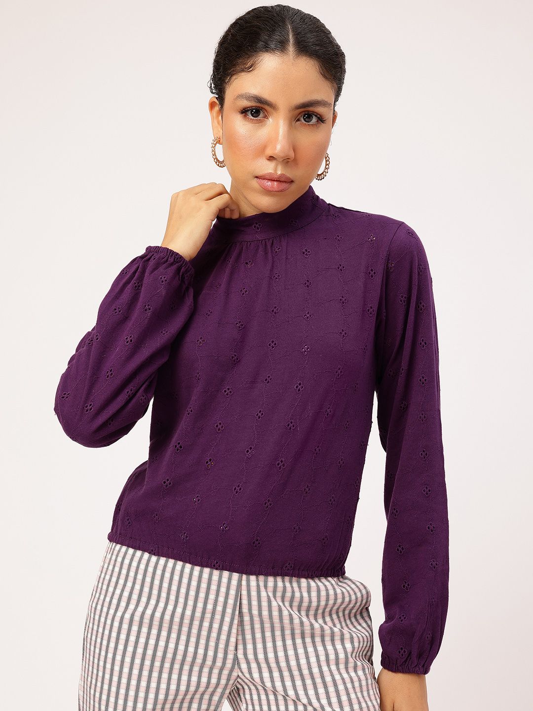 DressBerry Schiffli Whirl Puff Sleeve Blouson Top