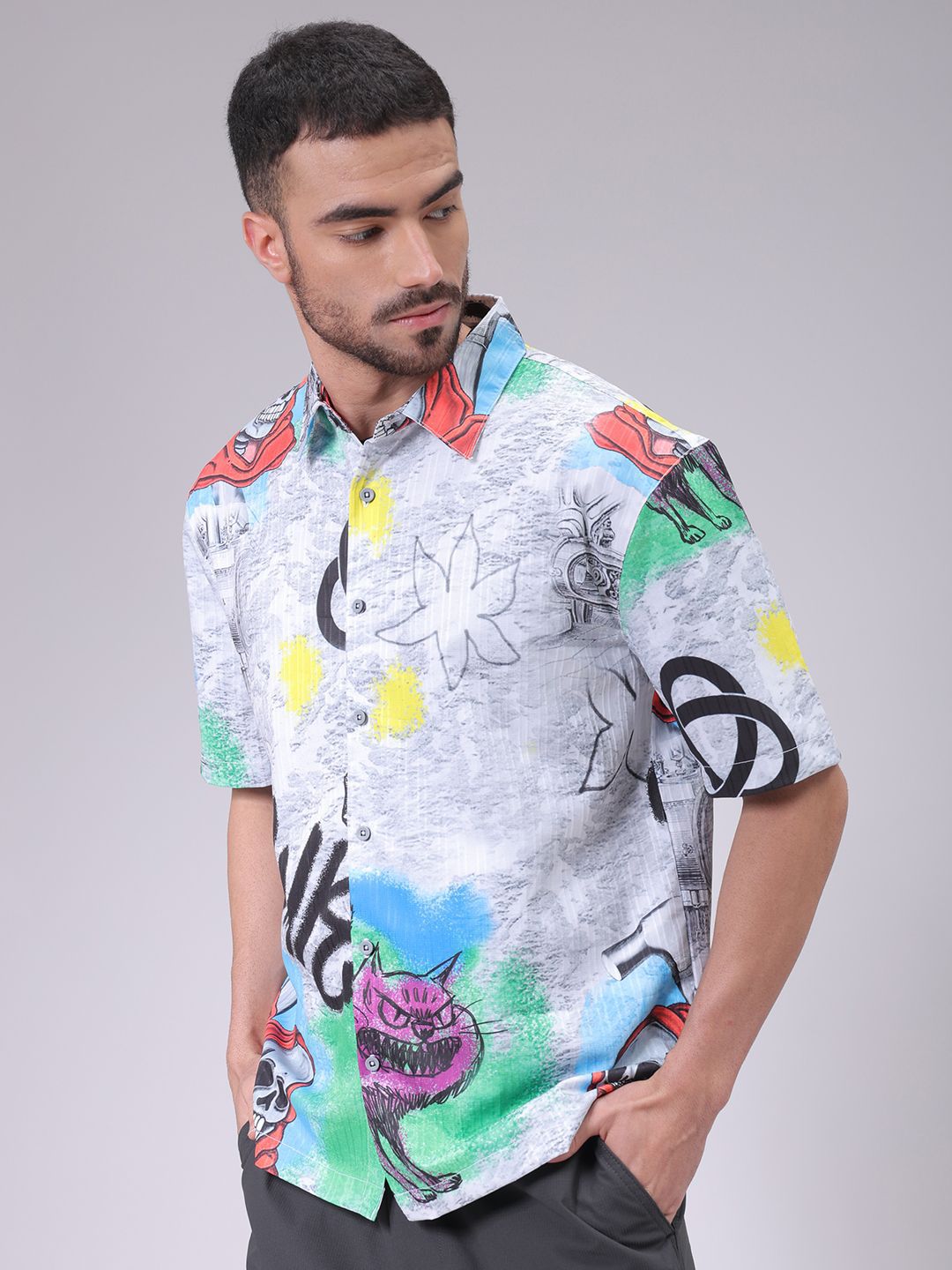 The Indian Garage Co Men Cutaway Collar Conversational Printed Boxy Fit Resortwear Shirt