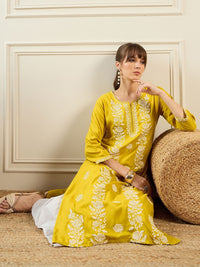 Indo Era Floral Embroidered Notch Neck Thread Work Straight Kurta